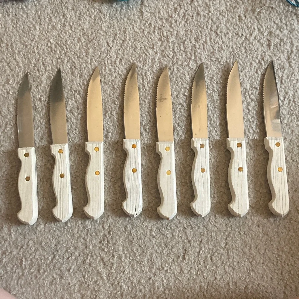 🍽️ Farberware 8 Set Vintage Steak Stainless Steel Knives Blonde Wooden Handle